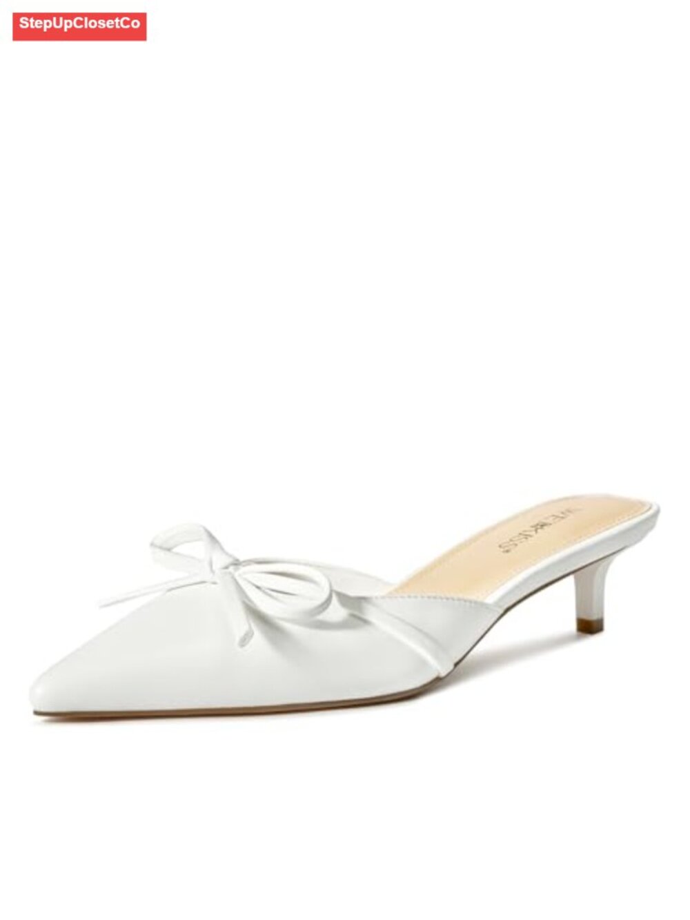 Faux Leather Kitten Heel Mules Bow Pointed Toe Slip On Pumps